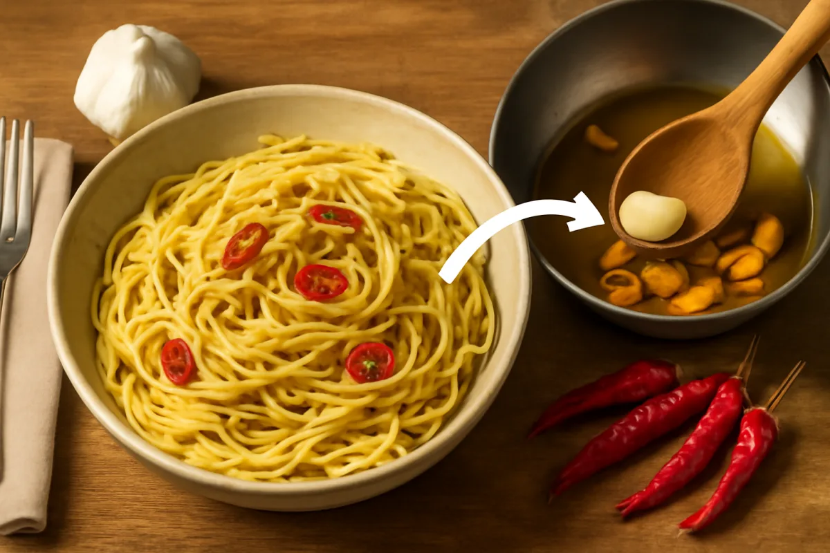 Spaghetti aglio, olio e peperoncino: il dettaglio che evita di bruciare l’aglio